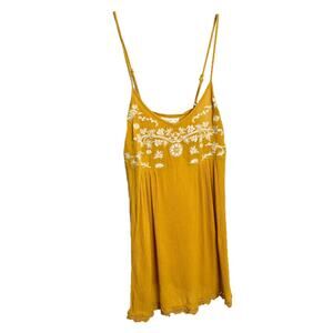 Forever 21 Women's Tank Dress Mini‎ Yellow Strappy Embroidered Floral Boho M